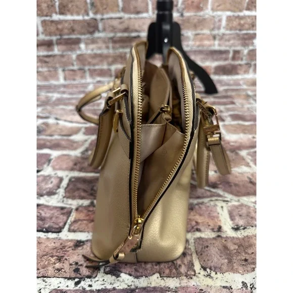 Calvin Klein Gold Metallic Pebbled Leather Satchel Crossbody Bag Convertible - Picture 12 of 16